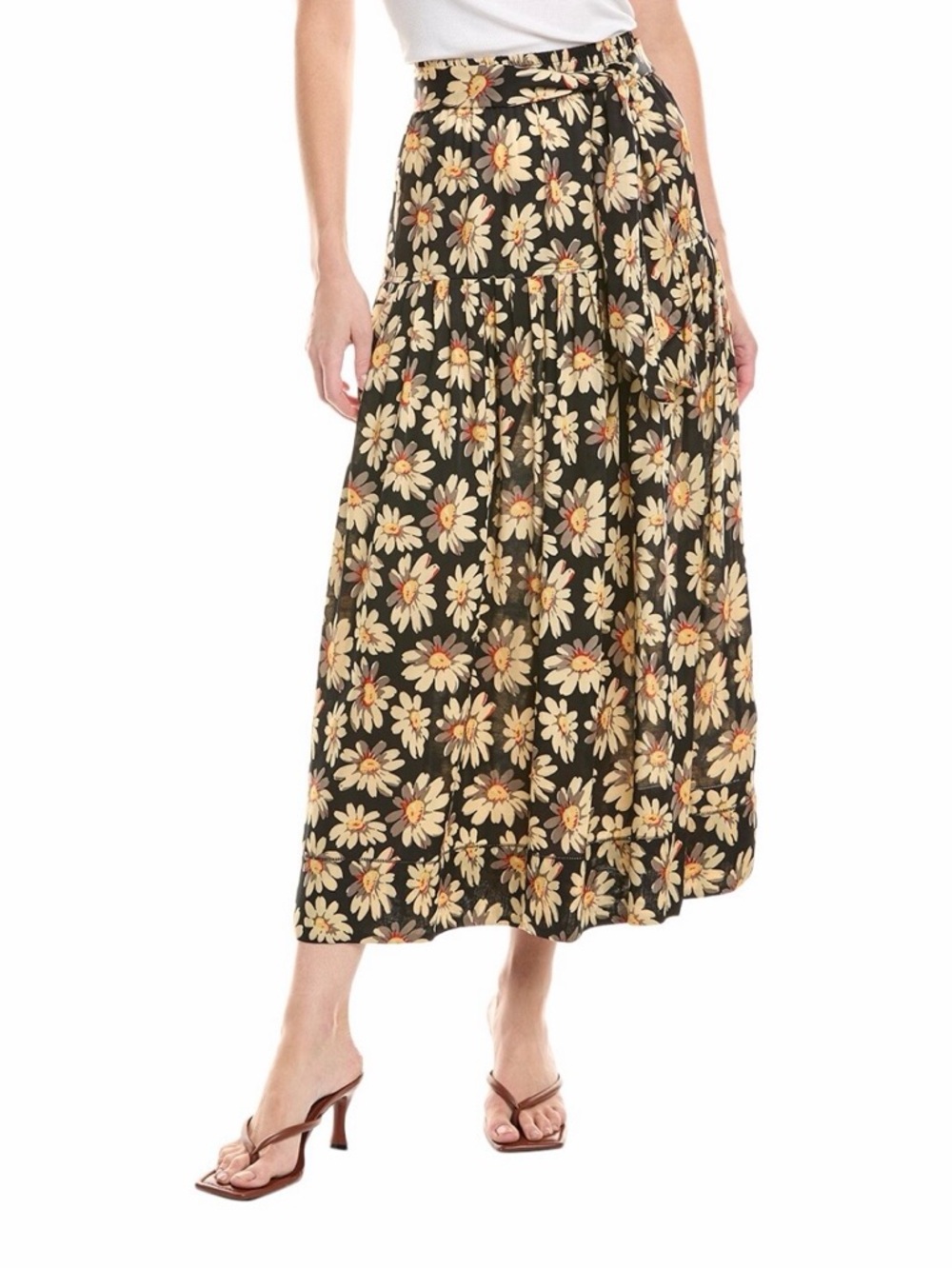 THE GREAT. Black Maxi Skirt with Cream Daisy Print